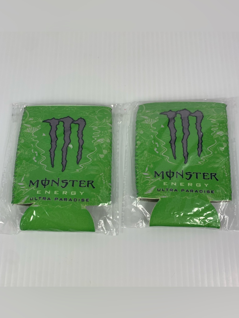 Lot of 2 Monster Energy Drink Ultra Paradise Green Koozie Can Cooler Coozie